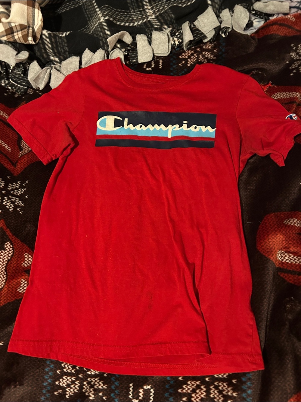 Champion Red Tee with Navy Logo Panel